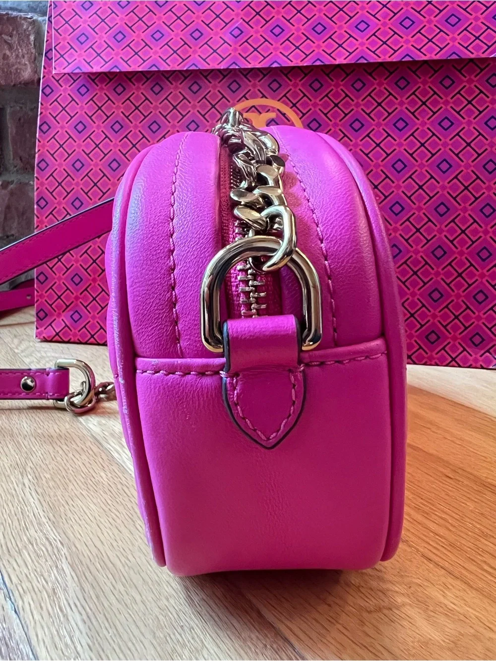 Tory Burch Crazy Pink Kira Chevron Small Leather Camera Bag